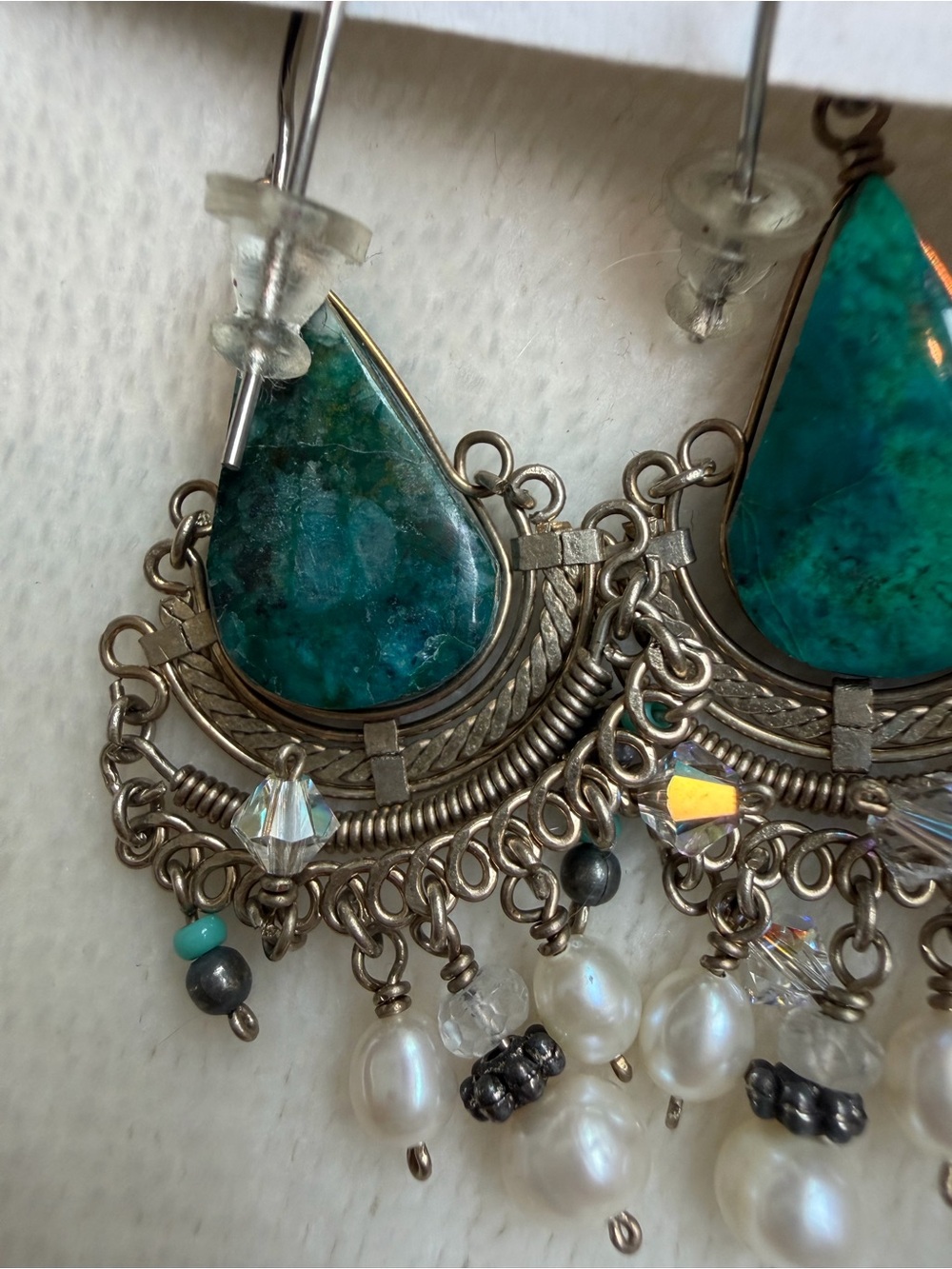 The Thirsty Crow Handmade Chrysocolla & Pearl Chandelier Earrings